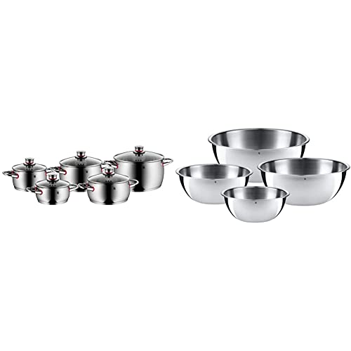 WMF Quality One Batería de Cocina (5 Piezas), Acero Inoxidable Pulido, 2 cazuelas y 3 ollas altas + Gourmet - Set de 4 Boles, Acero Inoxidable Mate