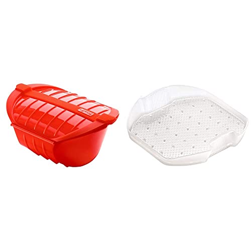 Lékué Estuche Hondo De Vapor Xl, Capacidad De 1000 Ml, Para 3-4 Personas, Color Rojo + Bandeja Multifunción De Silicona, 3-4 Personas, Translúcido