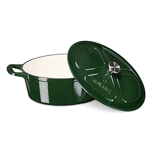 Navaris Cacerola de hierro fundido con tapa - Cazuela de 7,7 l con asas para cocinar en horno plancha cocina de inducción - Cocotte ovalada - Verde