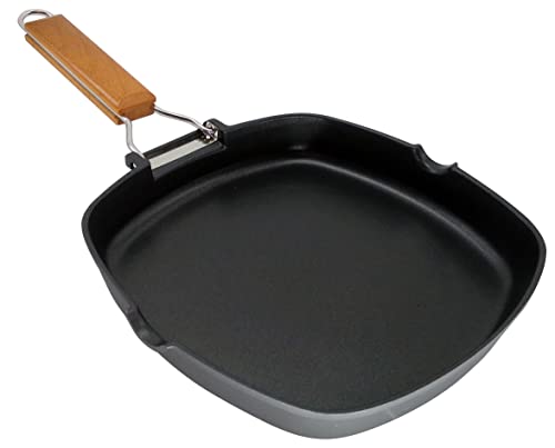 WECOOK! Ecostone Grill Asador Inducción Liso 20 X 20cm, Antiadherente ILAG Ecológico sin PFOA, Aluminio Fundido, 5mm Espesor, Mango Madera Plegable, Apta Todas las Cocinas Vitrocerámica, Gas