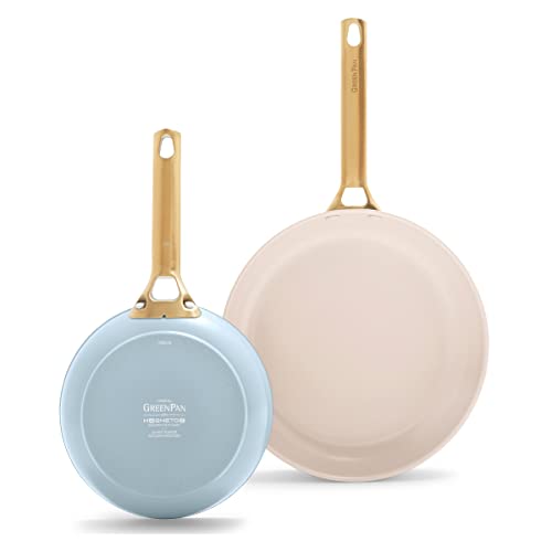 GreenPan Reserve Juego de Sartenes de Cerámica Saludable Anodizada Dura 20 cm y 26 cm, Mango Dorado, Sin PFAS, Aptas para Inducción, Aptas para Lavavajillas, Aptas para Horno, Azul Claro