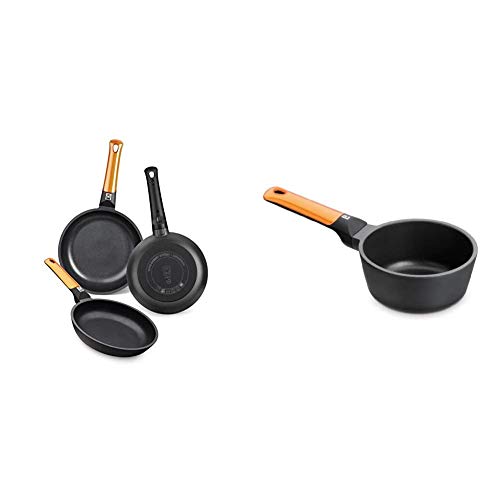 BRA Efficient Orange Set de 3 sartenes, Aluminio Fundido, aptas para Todo Tipo de cocinas, 20-24-28 cm + Cazo 16cm Efficient Orange, Aluminio Fundido, Naranja, 16 cm