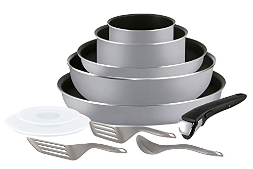 Tefal Ingenio Essential - Juego de 3 Sartenes y 2 Cazos + Accesorios: Sartén de 24/26/28 cm y Cazo de 16/18 cm, acero inoxidable, mango intercambiable, antiadherente, Thermospot, apto lavavajillas
