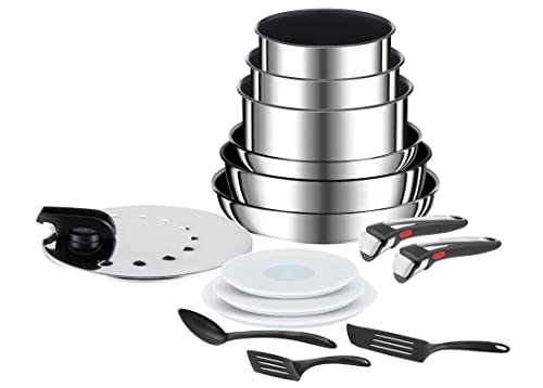 Tefal Juego 15 piezas Ingenio Preference On - piezas de acero inoxidable con revestimiento antiadherente y antirayaduras, Thermo-Signal, mango extraíble, fabricado en Francia, apto para inducción