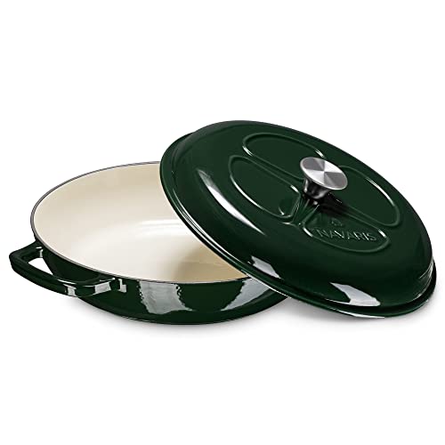 Navaris Cacerola de Hierro Fundido con Tapa - Cazuela de 3,5 l con Asas para cocinar en Horno Plancha Cocina de inducción - Cocotte Ovalada - Verde
