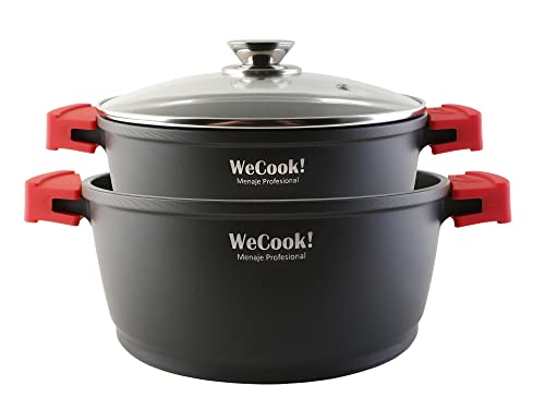 WECOOK! Ecostone Batería Cocina Inducción 4 Piezas, Aluminio Fundido 5mm, 2 Ollas, Antiadherente XTRA DUPON sin PFOA, Set Cazuelas Tapas Cristal, Asas Silicona, Vitrocerámica, Gas, Stone2A, Negro