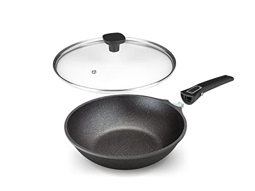 Home Icon - Wok Antiadherente de Granito con Tapa, Compatible con Todos los Tipos de Cocina, Incluidas Las de Inducción y Vitrocerámica, con Mango Extraíble, Sin PFOA - 28 cm
