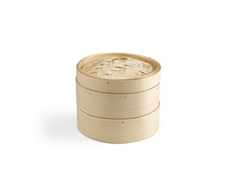 Ken Hom KH506 Vaporera Bambú 20cm, Excellence, Buque de Vapor Cocinar con 2 Niveles y Tapa para Arroz, Dim Sum, Verduras, Pescado y Carne, No Apto Para Lavavajillas, 2 Años de Garantía