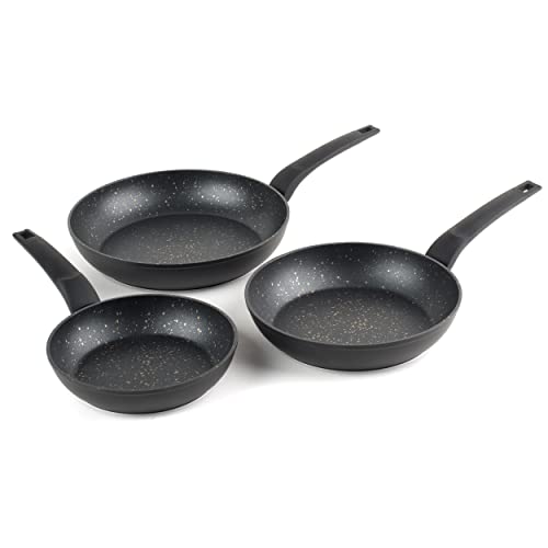 Salter BW08664 Juego De 3 Sartenes Antiadherentes De Efecto Mármol Dorado, Con Mangos De Tacto Suave Y De Calidad Duradero, Apto Para Placas De Inducción Y Lavavajillas, Negro