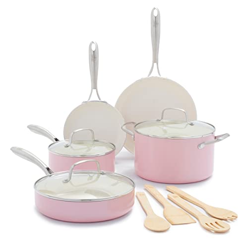 GreenLife Artizan Batería de Cocina de Cerámica Antiadherente, 12 Piezas, Sin PFAS, Apta para Inducción, Apta para Lavavajillas, Apta para Horno,Rosa