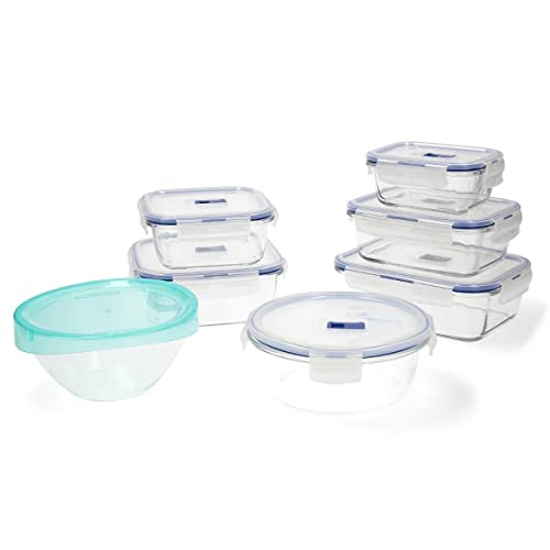 Luminarc Pure Box Active Set 7 recipientes herméticos de Vidrio, Extra Resistentes, Sin BPA, Válvula para microondas, 0,38 + 0,76 + 0,82 + 0,92 + (2 x1,22) L + 1 ensaladera 17cm