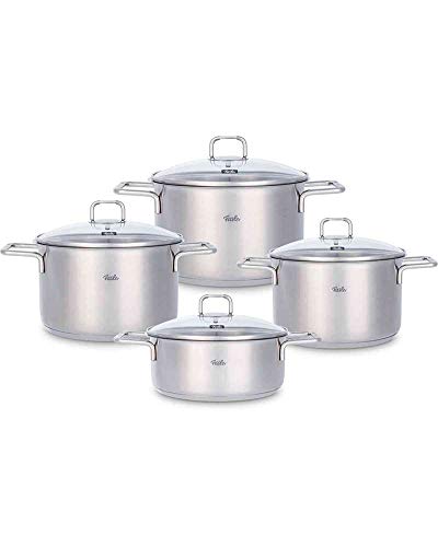 Fissler Hamburg Juego de ollas de acero inoxidable, 4 piezas, 3 ollas y 1 cacerola con tapa de cristal, aptas para todo tipo de placas, inducción