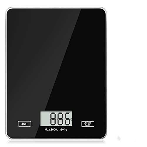 Meromore Báscula de cocina digital 5kg/11 lbs, Balanza Alimentos Multifuncional con Superficie de Vidrio Templado & Pantalla LED, Función Tara para hornear y cocinar, Baterías Incluida(Negro)