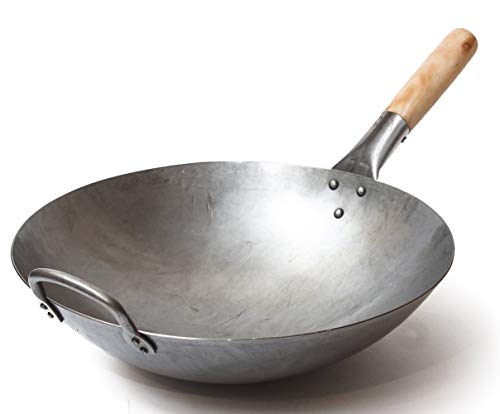 Craft Wok Wok tradicional de acero de carbono forjado a mano, con mango auxiliar de madera y acero (diámetro 35,6 cm, fondo redondo)/731W88