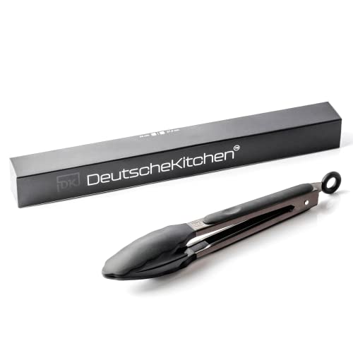 DeutscheKitchen Pinzas de cocina y barbacoa con cierre de clic, pinzas de cocina de lujo en acero inoxidable negro y extremo resistente al calor