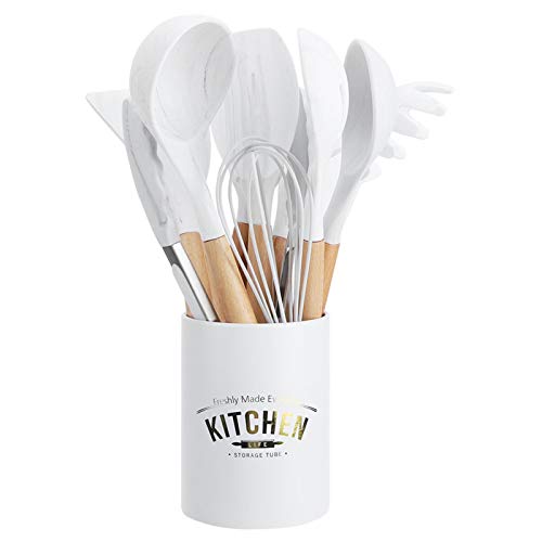 Kit de utensilios de cocina de silicona para el hogar, 12 piezas Utensilios de cocina de silicona antiadherente Mango de madera Herramienta para hornear de cocina Blanco