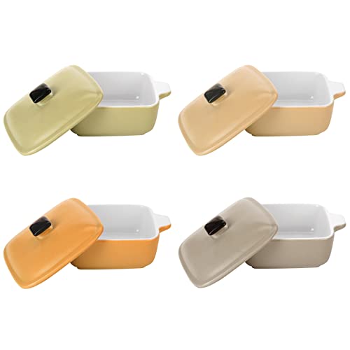 Mini cazuela para horno con tapa, juego de 4 platos rectangulares de cerámica de 250 ml para horno a mesa, mini cazuela de Ramekin para lasaña individual, pasteles, tartas, tapas, crema brulee