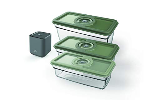 AEG AVFK1+ | Pack 3 Recipientes Herméticos + Bomba de Vacío Eléctrica Portátil - 3 Contenedores al vacío (2x 1L y 1 x 1,6L), Batería de 150 ciclos, Sin BPA, Mejor Conservación de los Alimentos, Gris