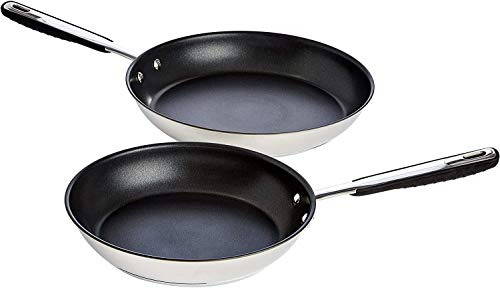 Amazon Basics Juego de Sartenes de Inducción Antiadherentes - 2 Piezas, Acero Inoxidable, con Mango Suave al Tacto - 24/28 cm