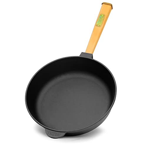 Sartén de Hierro Fundido para Freír 26 cm 65 mm de alto - Sartén con mango de madera - Sartén apta para barbacoa de gas, horno, fogones y todo tipo de cocinas, incluida la inducción