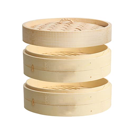Vapor de bambú ecológico y saludable, vaporizador de madera para el hogar, vaporizador de bollo bao de dos capas con cubierta de vapor, adecuado para dim Sum, verduras, carne y pescado de 21 cm