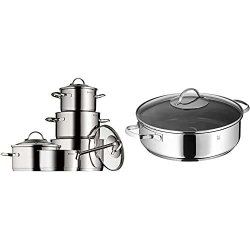 WMF Provence Plus - Batería de Cocina, Acero Inoxidable Cromargan, Tapas de Cristal + Profi Plus - Sartén con Tapa, cromargan 18/10 Acero Inoxidable, con Recubrimiento Antiadherente Durit ProfiSelect