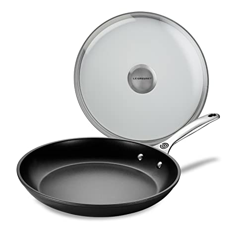 Le Creuset Paquete de freidora antiadherente endurecida de 12 pulgadas con tapa de vidrio SS perilla