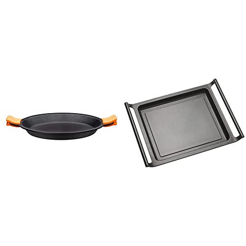 Bra Paellera, Aluminio Fundido, Negro, 40 Cm + Efficient Plancha Asador Liso, 45 Cm, Aluminio Fundido Con Antiadherente Teflon Platinum Plus