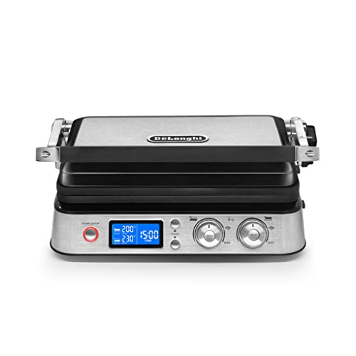 De'Longhi Multigrill CGH 1012D Plancha Eléctrica Multiposición con Selección de Temperatura Independiente en Cada Placa, Pantalla LED, Placas Extraíbles Aptas para Lavavajillas, 2000 W, Gris Plata