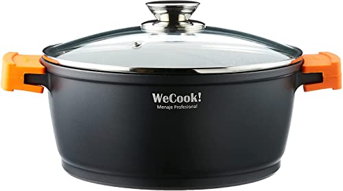 WECOOK! - Cacerola Alta Ecochef Inducción 28cm con Tapa de Cristal, Antiadherente QUANTANIUM Ecológico, sin PFOA, Aluminio Fundido 5mm, Asas Silicona, Apta para Todo Tipo de Cocinas, Tamaño 28cm
