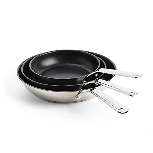 KitchenAid Stainless Steel Juego de Sartenes Cerámicas Antiadherentes de Acero Inoxidable sin PFAS de 20 cm, 24 cm y 28 cm, Aptas para Inducción, Horno, Lavavajillas, Plateadas