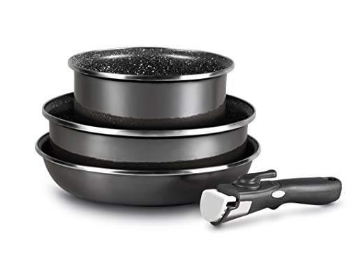 MAGEFESA K2 Cristal Juego 3 Piezas con Mango Extraible de acero esmaltado. Fabricado en España. Antiadherente bicapa, aptas para todo tipo de cocinas, especial inducción. 50% ahorro energético.