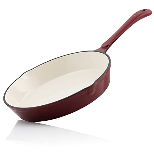 Mahlzeit Sartén de hierro fundido esmaltado, diámetro de 24 cm, color cereza oscura, sartén de hierro fundido con dos boquillas, sartén de hierro fundido, sartén esmaltada, sartén de carne