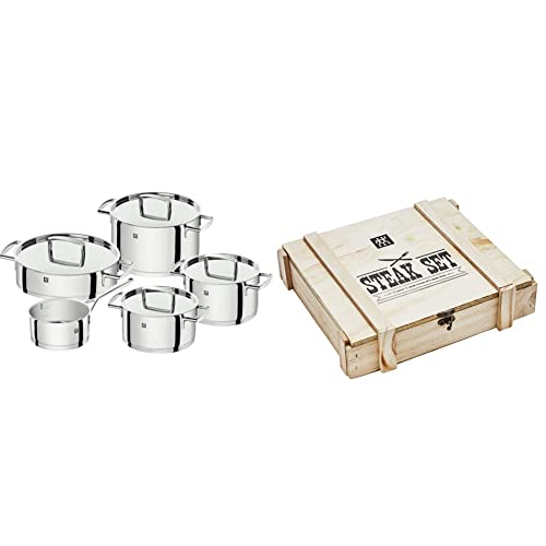 ZWILLING Batería de Cocina de 5 Piezas, 4 Tapas, Apto para Inducción + Juego de cubiertos para bistec para 6 personas, 12 piezas, 6 cuchillos para bistec y 6 tenedores para bistec