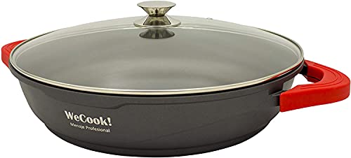 WECOOK! - Ecostone Cazuela Baja Inducción 40cm, Antiadherente XTRA DUPON, Ecológico sin PFOA, Tapa Cristal, Aluminio Fundido, 5mm Espesor, Asas Silicona, Apta Todo Tipo Cocinas, Negro, cacerola baja