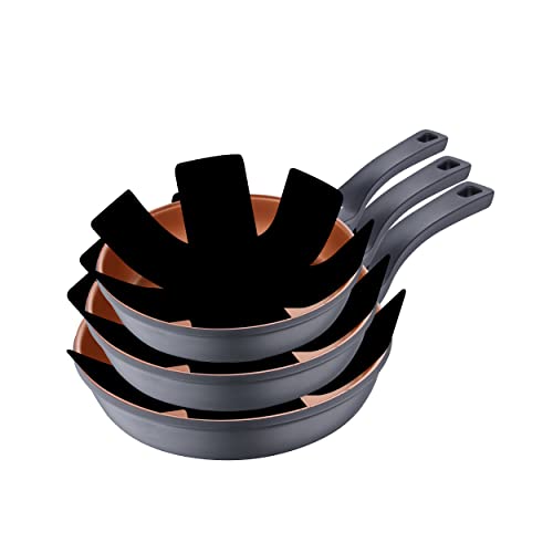 SAN IGNACIO Bronze | Juego de Sartenes | Set de 3 Piezas de 20, 24 y 28 cm de Diámetro y 3 Protectores | Fabricadas con Aluminio Fundido | Sartenes Antiadherentes | Aptas para Todo Tipo de Cocinas