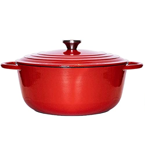 Cazuela de Hierro Fundido, Olla Redonda de Hierro Fundido Esmaltado, 26 cm,5,1L, Cocotte Hierro Fundido con Tapa, Apta para Todo Tipo de Cocinas, Inducción, Rojo Cereza