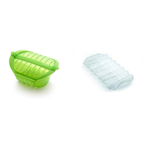 Lékué Ogya 1-2 verde Estuche Vapor, silicona platino, Personas + Bandeja multifuncion transparente BLANCA, Silicona, 19 x 10.5 x 2 cm