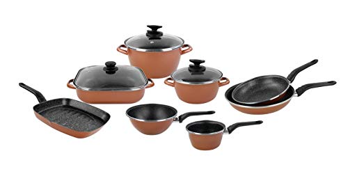 Magefesa Pack Copper -Olla 24cm, Cacerola 20cm, Cazo 16cm, Molde de horno 27cm, Asasor 28cm, Wok 20cm, Sarten 24cm, Sartén 28cm. Antiadherente bicapa efecto piedra, apta para todo tipo de cocinas