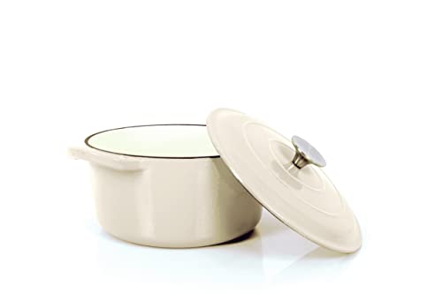 Echtwerk cazuela de hierro fundido con revestimiento esmaltado, olla de hierro fundido, asador con tapa, panera redonda, apta para hornos, parrillas, barbacoa e inducción, crema, 3,5 L