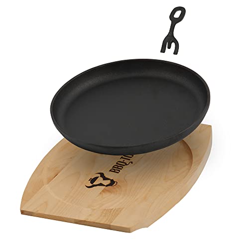 BBQ-TORO Sartén Redonda de Hierro Fundido para Servir con Base de Madera | Ø 22 cm | Curada - pre-Seasoned | Sartén de Barbacoa con Mango Extraíble | Sartén de Hierro Fundido, Paellera