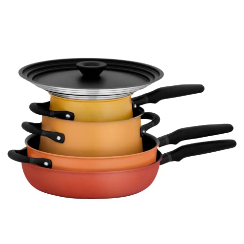 Meyer Accent Spark - Juego de sartenes de inducción – Juego de ollas y sartenes apilables con tapas universales y forma antiderrames, mezcla de acero inoxidable y utensilios de cocina antiadherentes