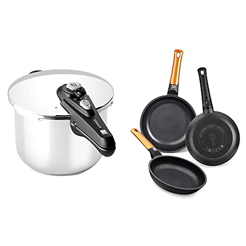 BRA RÁPIDA Vitesse Olla de 6 litros apta para todo tipo de cocinas incluida inducción, Acero Inoxidable, Plata + Efficient Orange Set De 3 Sartenes, Aluminio, Negro, 20-24-28 cm [Amazon Exclusive]