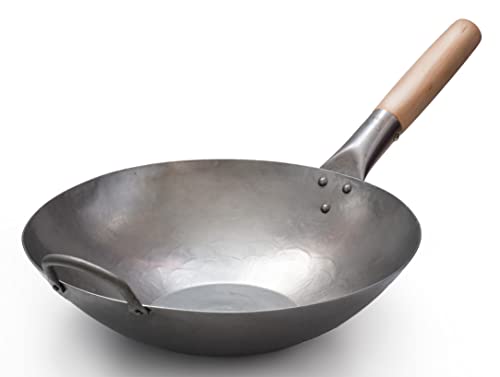 Craft Wok Wok plano de acero al carbono martillado a mano con mango auxiliar de madera y acero (12 pulgadas, parte inferior plana) / 731W316-12 pulgadas
