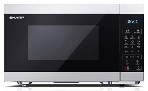 SHARP YC-MG81ES Microondas Con Grill de 28 Litros, control Digital, microondas: 900W, grill: 1100W, 11 Niveles de potencia, Plato giratorio, bloqueo infantil, Función ECO, Color Plateado.