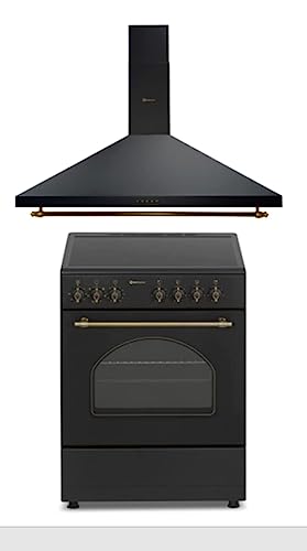 PACK COCINA ELÉCTRICA VITROCERAMICA CON HORNO ANCHO 60 CM + CAMPANA EXTRACTORA ANCHO 90 CM/ESTILO RETRO NEGRO RUSTICO
