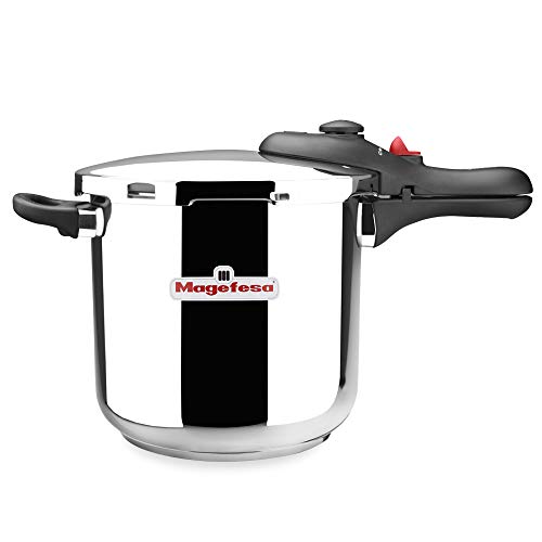 MAGEFESA ® DB olla a presión super rápida de 6 litros, fácil uso, acero inoxidable 18/10, apta para todo tipo de cocinas, incluido inducción, fondo termo difusor, 5 sistemas de seguridad, express