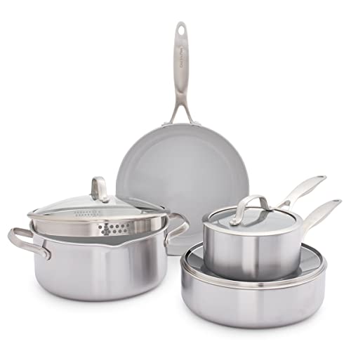 GreenPan Venice Pro Juego de Sartenes y Ollas de 7 Piezas de Acero Inoxidable Sano con Cerámica Antiadherente, Sin PFAS, Multicapa, Inducción, Apto para Lavavajillas, Apto para Horno, Plateado