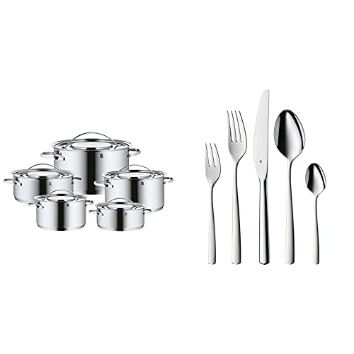 WMF Gala Plus Set de 5 ollas, acero inoxidable + Boston Cubertería, Compuesto por 60 Piezas Personas Cuchillos Mesa, Tenedores de Postre, 12 cucharas café, Acero Inoxidable Pulido, Unidades
