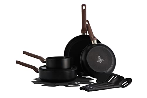 BK Simply Ceramic - Juego de ollas y sartenes antiadherentes de 11 piezas, mango inspirado en madera vintage, tapas, sin PFAS, inducción, apto para horno, lavavajillas, color negro